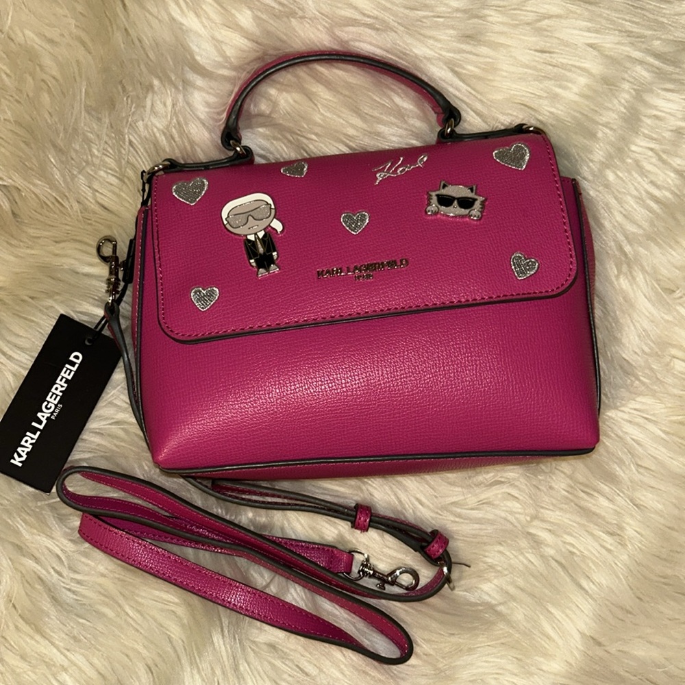 Karl Lagerfeld Vibrant Pink handbag with signature charms & silver hearts NEW!